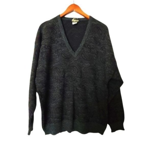 Vintage Cedrics Sweater Wool Blend XL Paisley Gray Green Mens V-Neck - Picture 1 of 8